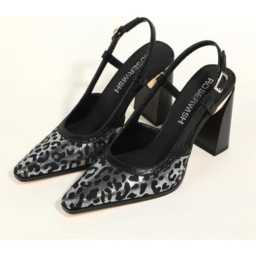 ROSERWISH Silver Leopard Women's Slingback Heels Chunky Block Pumps Size 6